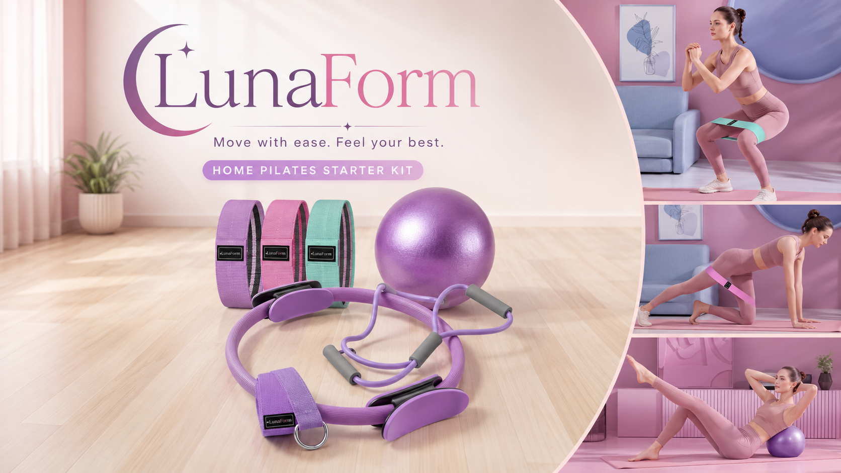 LunaForm Home Pilates Starter Kit with exercise examples